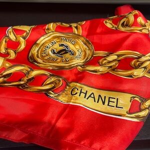 CHANEL Red & Gold Chain Motif Silk Scarf